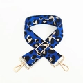 Close-up of leopard print bag strap with royal blue fabric and gold metal buckles - Silver Clasp / Sky Blue Khaki Leopard