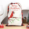Christmas drawstring gift bag with cardinal bird and red plaid accents on canvas - Cardinal Bird & Plaid Patchwork