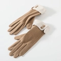 Women's winter thermal gloves in brown and cream patchwork with decorative wrist buttons - One Size / 176 Coffee
