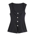 Slim fit black sleeveless romper for women featuring elegant rhinestone buttons on the front - XS / Black