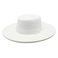 Detail of white wool wide brim boater hat with matching ribbon and flat top design - M (56-58cm) / White