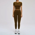 Women's two-piece yoga set in dark olive green featuring ribbed fabric and high waist - S / Short Sleeve + Pants — Dark Brown