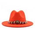 Classic red wool felt fedora hat with ethnic beaded band and vintage oval gemstone - Orange Red