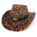 Cappello da cowboy leopardato in ecopelliccia con cinturino in pelle e fibbia turchese - M (56-58cm) / Corona a Cuore Marrone Scuro