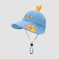 Detail of blue cotton sun hat with cartoon duck embroidery and adjustable chin strap - 50cm (1-3 Years) / Blue