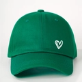 Close-up of heart embroidery on green cotton twill baseball cap with curved brim - One Size / Olive Green