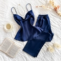 Conjunto de pijama de satén de seda azul marino para mujer con camisola y pantalón largo - S / Azul Marino