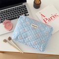 Blue and white checkered quilted cosmetic bag with pink bow patterns and zipper - Clutch Bag / Blue
