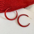 Detail of red enamel C-shaped hoop earrings with gold needles on neutral fabric - 4cm / Silver Earring Post-Gold-Red