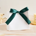 Elegant white wedding candy gift box featuring a premium dark green satin ribbon bow - Small / Blank White (Dark Green Ribbon)