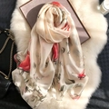 Elegant ivory silk-style scarf with red rose floral print on white faux fur background - 90*180cm / Beige