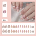 Pink almond press-on nails with silver bows, crisscross ribbons and glitter accents - Z862 Sweet Bow