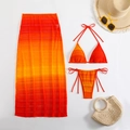 Detailed texture of orange ombré knit three-piece bikini set with a sheer beach maxi skirt - S / Orange Red