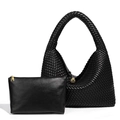 Handwoven black moon bag with gold accents and matching leather inner pouch set - Black