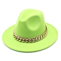 Detail of neon green wool fedora hat featuring a chunky gold metal Cuban chain decoration - M (56-58cm) / Fruit Green