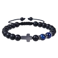 Bracciale regolabile in perline nere opache con pietre occhio di tigre blu e croce - Occhio di Tigre Lapis / Biglietto di Comunione