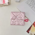 Pink quilted heart coin purse with snap button and carry loop on a workspace desk - Heart Quilted Pink Square Sanitary Pad Bag