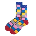 Men's cotton mid-calf socks with geometric color-block pattern and polka dot cuffs - 38-46 / Blue Yellow Color Block Plaid