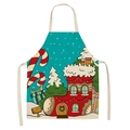Close-up of linen Christmas apron featuring cartoon Santa house and festive candy canes - Style-24 (Boot House)