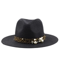 Dettaglio cappello Panama nero in paglia con fascia leopardata decorata con perle e metallo - M (56-58cm) / Nero