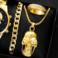 Close-up of gold skull jewelry set including watch, bracelet, necklace and ring in black box - Skull 4-Piece Set (With Watch) / Gold