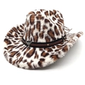 Faux fur leopard print western cowboy hat with studded band and silver bull head badge - M (56-58cm) / Flat Top Beige