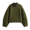 Close-up of the textured olive green wool-like fabric with ribbed high neck and drop shoulders - S / Olive Green
