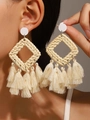 Macro detail of bohemian cream woven square earrings with multi-layered fringe tassels - Beige Square Tassel Woven Style (DZ-167)