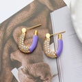 Elegant U-shaped gold earrings with purple enamel and white pavé cubic zirconia accents - Purple