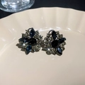 Sparkling dark blue crystal flower earrings featuring a central sapphire-toned gemstone - 8# Silver Earring Post Grey Rhinestone Flower Stud Earrings