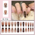 Deep burgundy and blush gradient press-on nails with glitter accents and gemstones - French Dark Brown Gradient Gold Stripes Inlaid Rhinestone Style (D-114) / 24 Pcs/Set