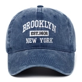 Front view of navy washed cotton Brooklyn embroidery baseball cap with 1634 New York logo - Navy Blue