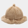Close-up of soft light camel plush faux fur fisherman hat with decorative pompom top - Khaki