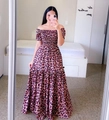 Detail of pink leopard print tiered maxi dress featuring elastic off-shoulder neckline - Brown Leopard