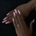 Lange coffin nepnagels met roze verloop en chroom aurora-afwerking op handen - Elektrogeplateerd Roze Verloop (AW220)
