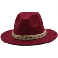 Classic burgundy wool fedora hat with rainbow braided rope band on white background - Burgundy