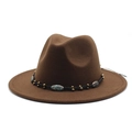 Detail of wool fedora hat with ethnic woven band featuring gold and grey beads - Coffee