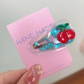 Cute cherry glitter hair clip with blue heart sequins for girls on a pink card - Red Cherry with Blue Background