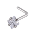L-shaped silver nose stud with a square clear cubic zirconia in a 4-prong setting - 0.8x7x3mm / Silver L-Shape Square Clear Zircon