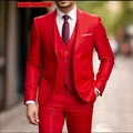 Three-piece business casual suit in bright red including jacket, vest, and pants - XXS / Red