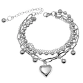 Detail of layered stainless steel bracelet with silver beads and polished heart pendant - Triple Layer Polished Heart Beads / Silver