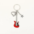 Red electric guitar metal keychain with heart and star charms on a silver link chain - Red Star Style Guitar