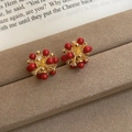 Elegant gold earrings with red petal beads and sparkling crystal tassels on a velvet stand - 82# Silver Earring Post Gold Red Real Gold Star Red Bead