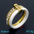 8mm gold titanium steel and white ceramic ring with micro-pave cubic zirconia accents - US 7 / Vertical T-Shape Ceramic Style (KR114408-GC)