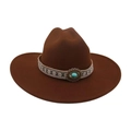 Brown wool felt western cowboy hat with ethnic woven band and turquoise stone detail - Large Brim Oval Blue Stone / Coffee