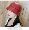 Close-up of red PU leather bucket hat featuring side silver metal zipper detail - Flat Top with Zipper Decor / Red