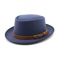 Navy wool pork pie hat for women with brown leather band and gold buckle detail - M(56-58cm) / Navy Blue