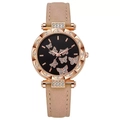 Women's watch with butterfly dial, rose gold case, and beige leather strap - Beige