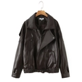 Detail of dark brown PU leather biker jacket featuring classic lapel and metallic zipper - S / Tops / Dark Brown
