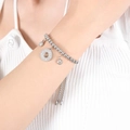 Silver bead bracelet with circular rhinestone pendants and adjustable slide clasp - Hollow Ring / Steel